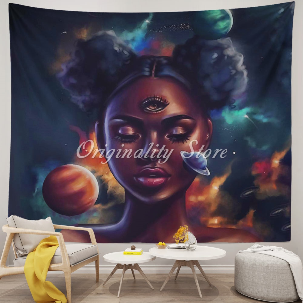 Black Afro American Girl In Galaxy Tapestry