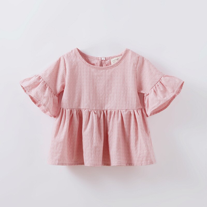 Summer Baby Girl's Cotton Flounced Sleeves round Neck Girl's Shirt Girl's Shirt