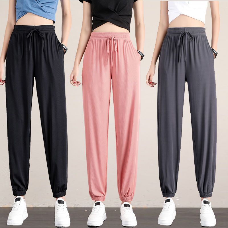Zomer Vrouwen Sport Broek Ice Zijde Effen Cool Loszittende Dunne Casual Broek Draperen Afslanken Grote-Size breed-Been Bloeiers