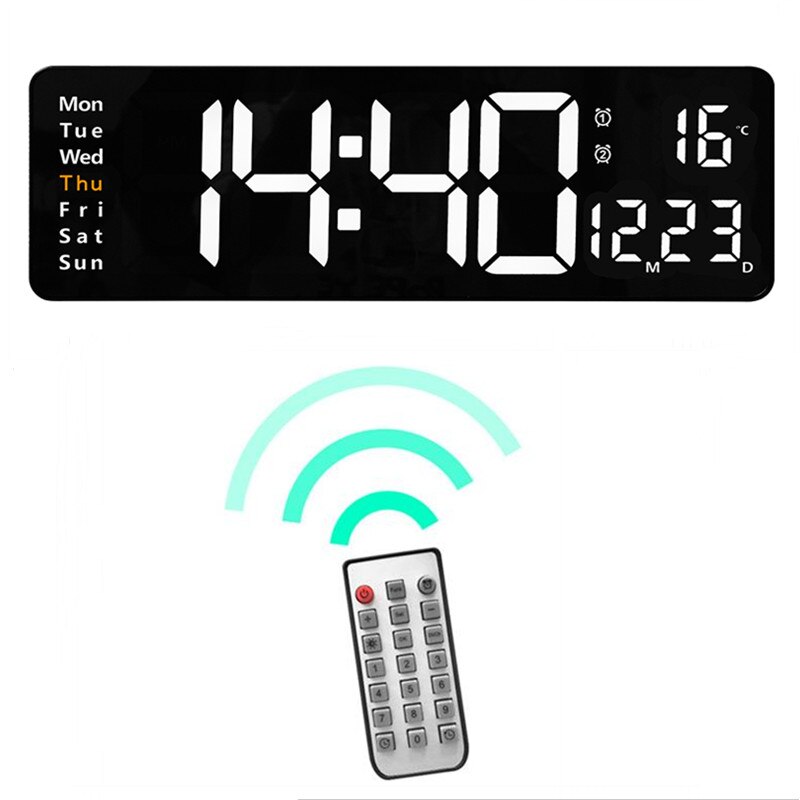 Large Digital Wall Clock Temp Date with Remote Control Power Off Memory Desktop Table Clock Wall-mounted Dual Alarms LED Clocks: WHITE TEMP DATE