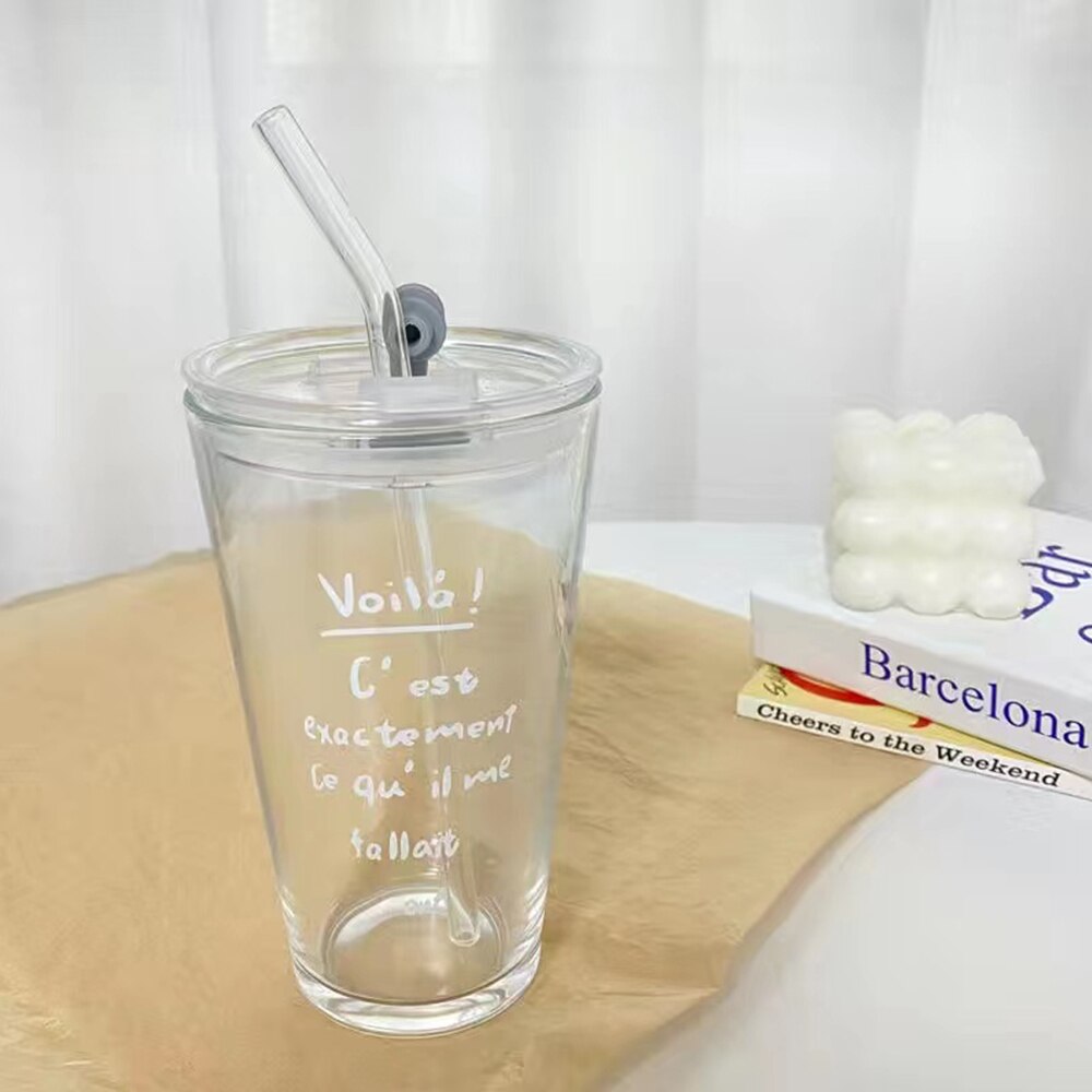 Glas kopp retro fransk stor kapacitet retro flicka brev kaffe glas kopp med lock halm vatten kopp dubbelbottnad kaffe temugg: Ett sugrör av glas