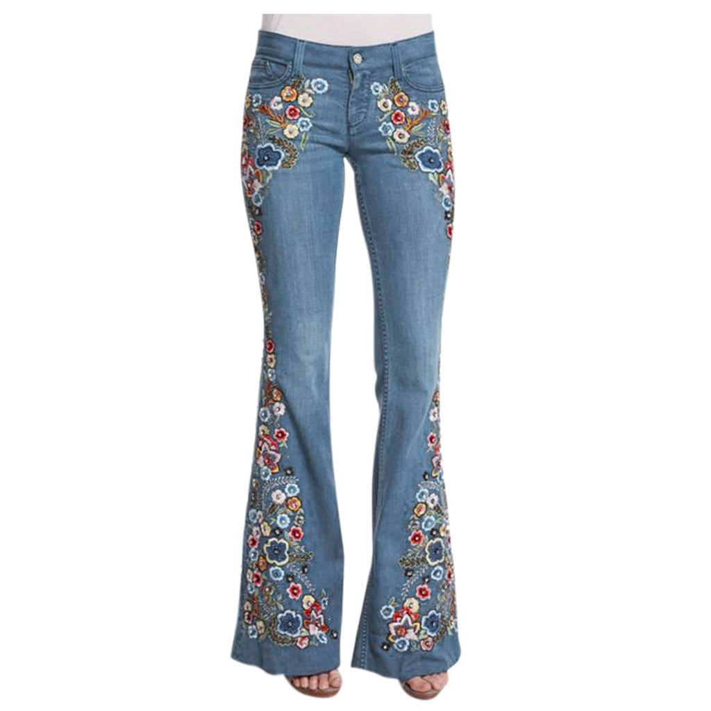 Femmes broderie Flare jean bouton taille cloche bas Denim pantalon été décontracté pantalon 2.22