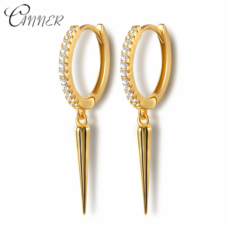 CANNER Punk Style Women's Earrings 100% 925 Sterling Silver Rivet Pendant Hoop Earrings for Women Single Row Crystal Earrings