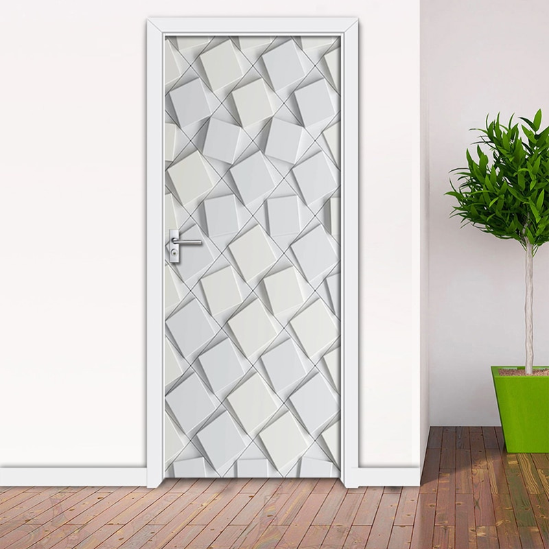 PVC Waterproof Self-adhesive Door Sticker 3D Abstract Geometric Graphic Gray Wallpaper Living Room Door Decor Wall Sticker Decal