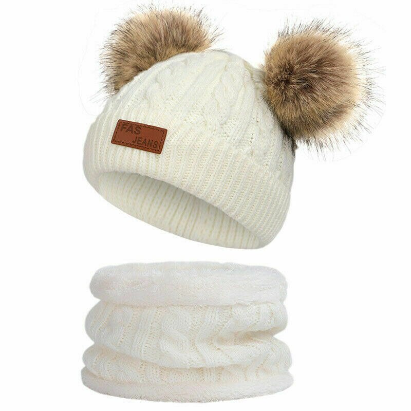 Søde 2 stk børn vinter udendørs tykt strik med dobbelt pels pom pom søde beanie hat sæt: Hvid