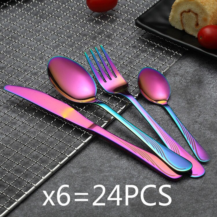 24/30 PCS Western Food Stainless Steel Cutlery Set Gold-plated Magic Cutlery Spoon/Fork/Knife Kit Dinnerware Sets: Colorful 24PCS