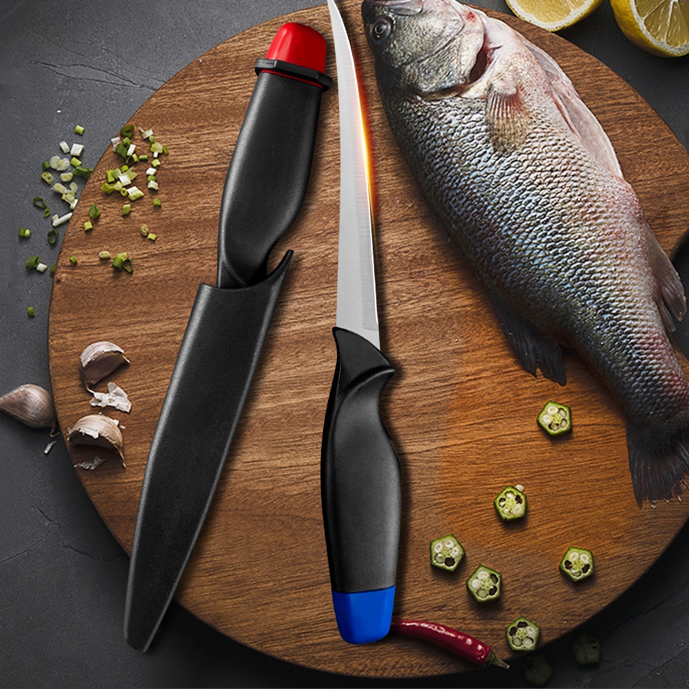 XYj couteau de cuisine en acier inoxydable 6 ''pouces, rouge bleu couleur poisson Sushi Sashimi couteau alimentaire de Style japonais, outils de cuisine gaine