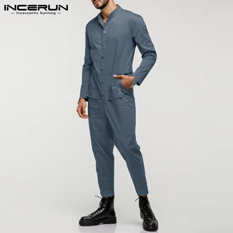 Incerun herre jumpsuits stander krave langærmede cargo smækbukser casual knap streetwear romper herre seler plus str. 7