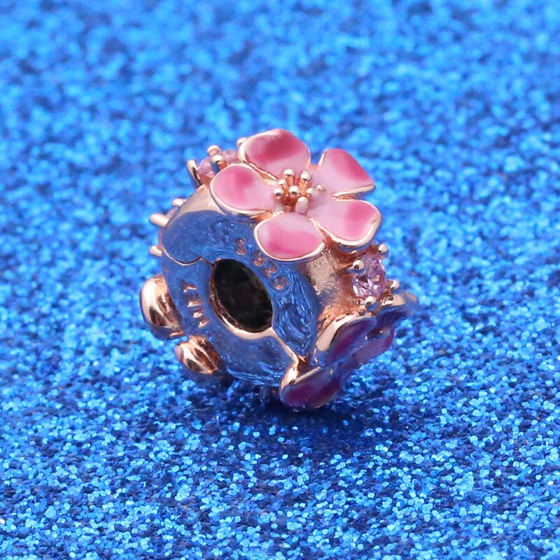 Genuine 925 Sterling Silver Bead Charm Rose Peach Blossom Flower Clip Stopper Beads Fit Pan Bracelet & Necklace Diy Jewelry