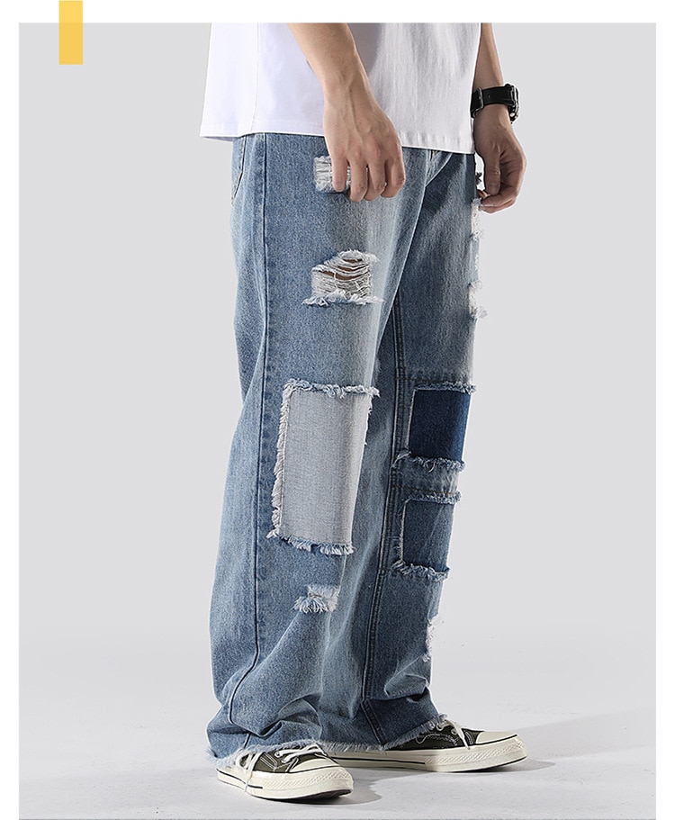 2020 nowe wiosenne i jesienne męskie jeansy luźne proste nogawki poszarpane spodnie modna, patchworka spodnie jeansowe