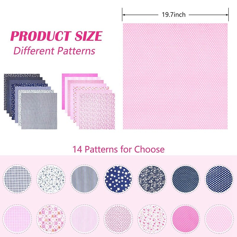 14Pcs Fabric Bundle Patchwork Cotton Sewing Patchwork Squares Quilting Bundles for Sewing DIY Supplies (Nave Blue, Pink)