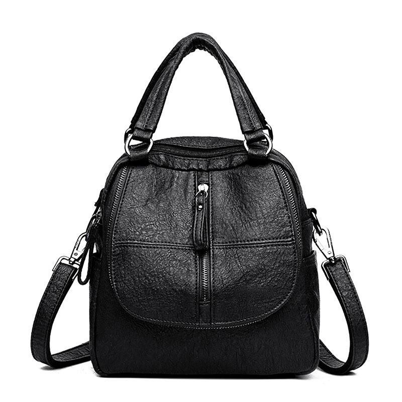 Brand Leather Women's Backpack School Bag Casual Backpack For Girls Double Zipper Leisure Shoulder Bags: black
