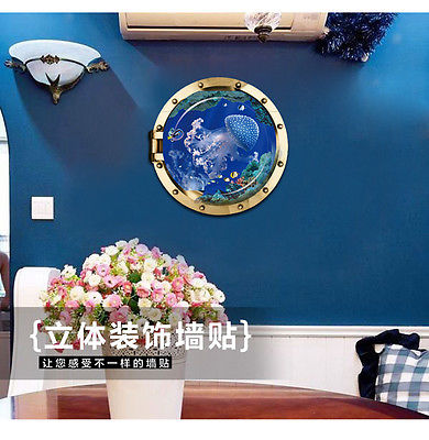 3D submarine window sea wall sticker decals ocean fishes undersea wallpaper kids home livingroom bedroom bathroom decor