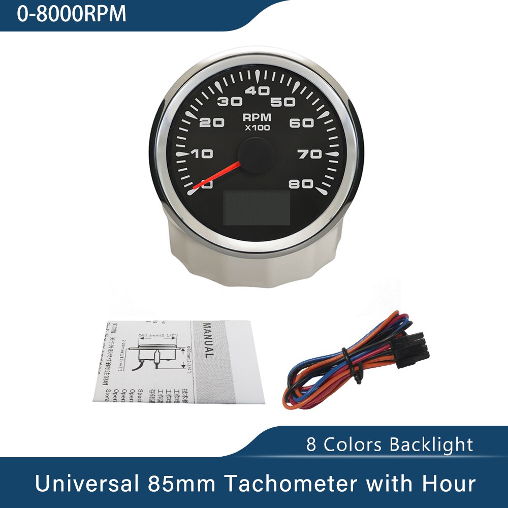 Wasserdichte Stiefel Drehzahlmesser Marine Tacho Messgerät LCD Betriebsstundenzähler 3K 4K 6K 8K 85mm Stiefel Tachometer 12V/24V Mit 8 Farben Hintergrundbeleuchtung: 8K BS