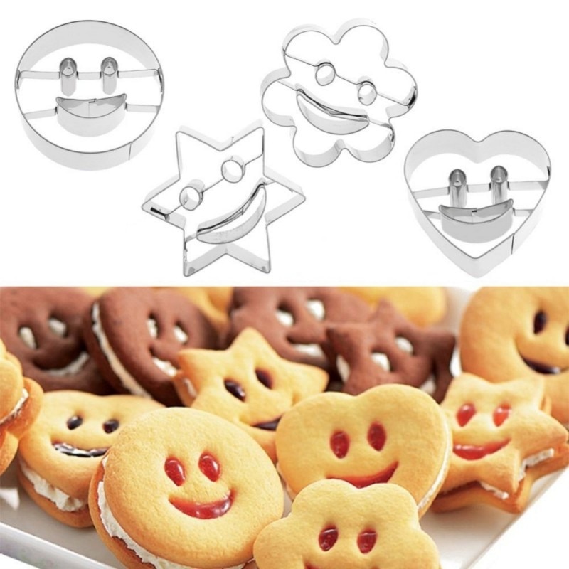 4 Stks/set Bakken Vormen Smiley Rvs Cookie Cutter Biscuit Mold Fondant Cakevorm Diy Bakken Tools Stencils Gebak