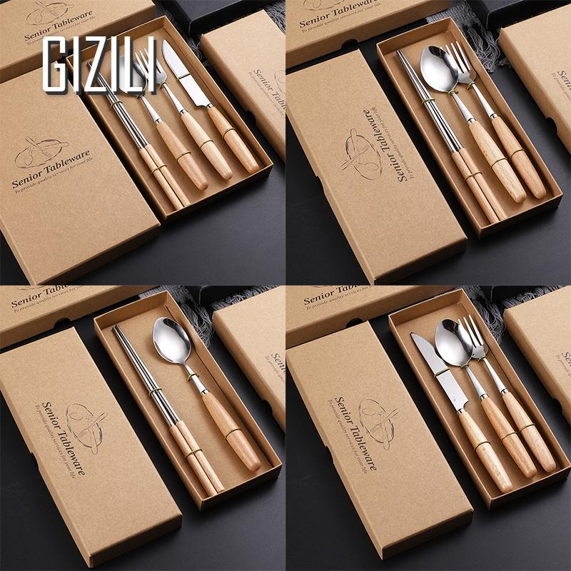 Tableware Stainless Steel Fork Spoon Chopsticks Cutlery Wood Handle Flatware Kitchen Utensils Dinnerware Set 2/3/4Pcs/set