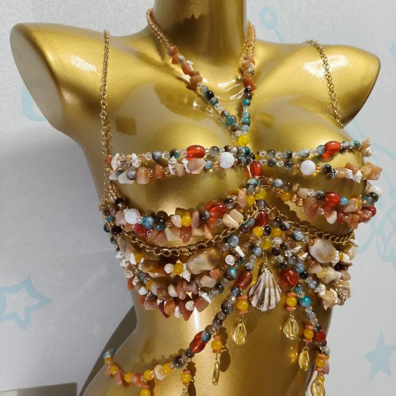BELLARAVE Womens Handmade Beaded Bra Halter Body Chain Chest Chain Tank Top Festival Party Jewelry Accessories