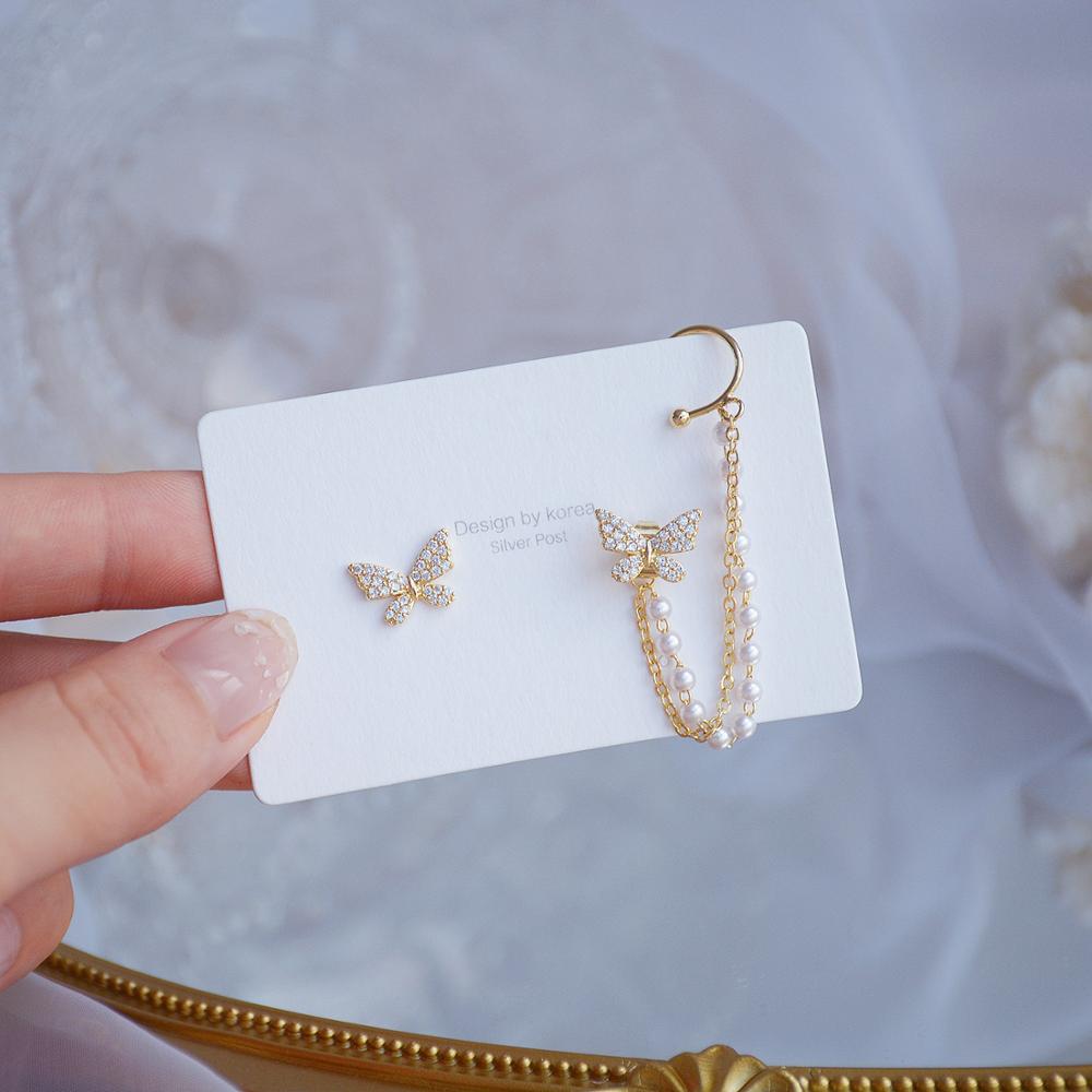 Micro-indlagt sommerfugl vinger, zirkon og perle kæde bageste hængende ører øreringe til kvinder koreanske øreringe smykker