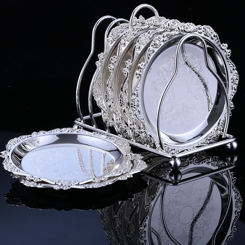 Golden Cocktail Coaster Metal Exquisite Cake Tray Set Dishes Rack Set Vintage Zinc Alloy Silver Plated Mat Placemat Snack Tray