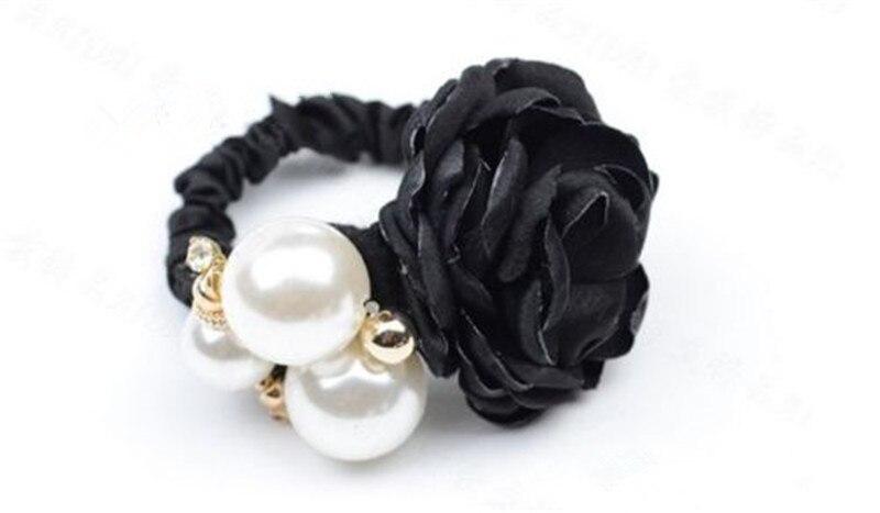 Women Ribbon Rose Flower Hairband Big Pearl Hair Bands for Girls Elastic Hair Rope Ties Ponytail Holder Hair Accessories