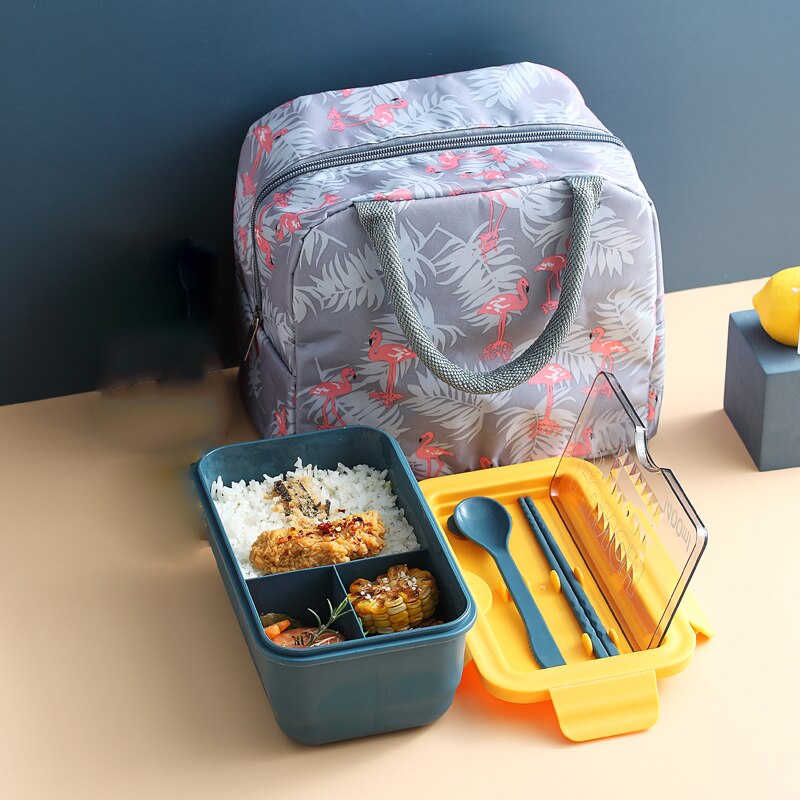 Grid Microwave Lunch Box Portable Japan Compartment Bento Box Simple Style Fruit Salad Container Storage For Kids With Tableware: BLUE add BAG