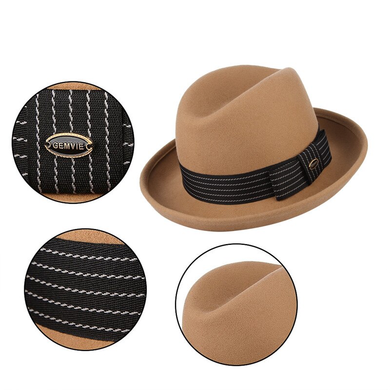 GEMVIE-chapeau Homburg Fedoras pour hommes et femmes, chapeau Gentleman, Style européen rétro, à bord incurvé, couleur unie, en feutre 100% laine