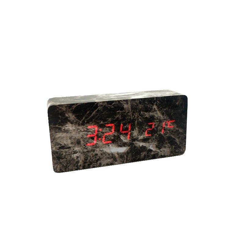 Led wooden marble stone pattern wooden clock temperature clock digital clock sound control electronic alarm clock 1299: red light