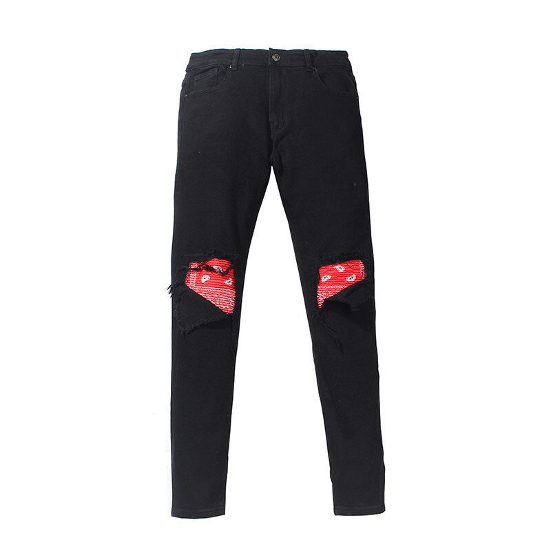 jeans da uomo strappati patchwork sul ginocchio Bandana jeans alto strada pantaloni da uomo in denim: rosso / 36