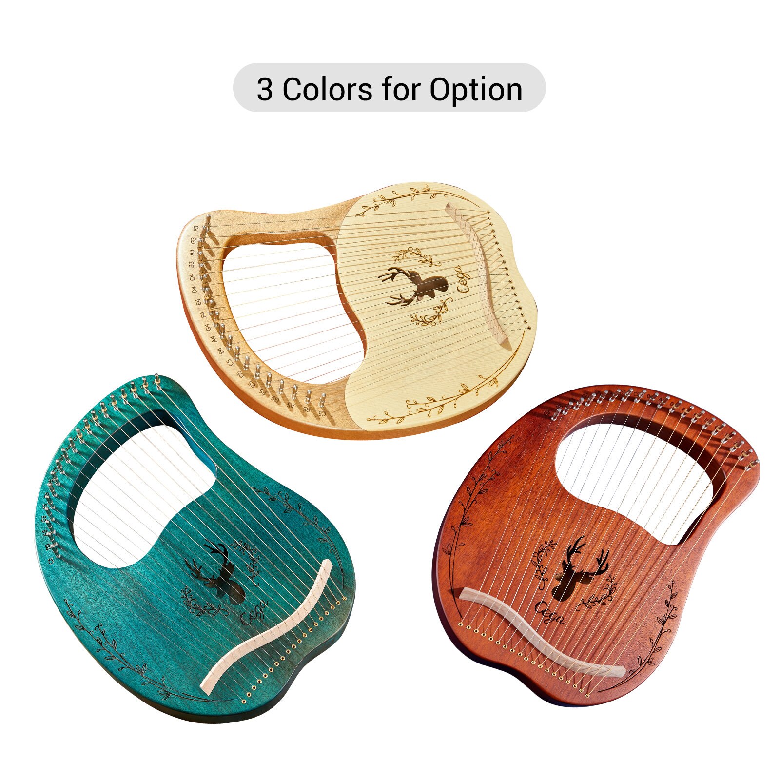 Caja de arpa de Lira de madera de 19 cuerdas, instrumento de cuerda con llave de afinación, 3 uds., púas, instrumentos de cuerda