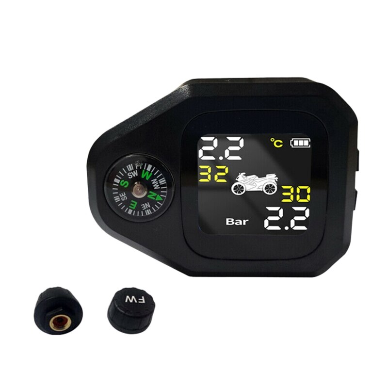 USB Solar Charging Motorcycle TPMS with Compass Tire Pressure Temperature Monitor Alarm System with 2 External Sensors