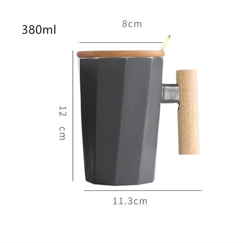 380ml Wood Handle Ceramic Coffee Mug Polygonal Office Home Milk Tea Cup For