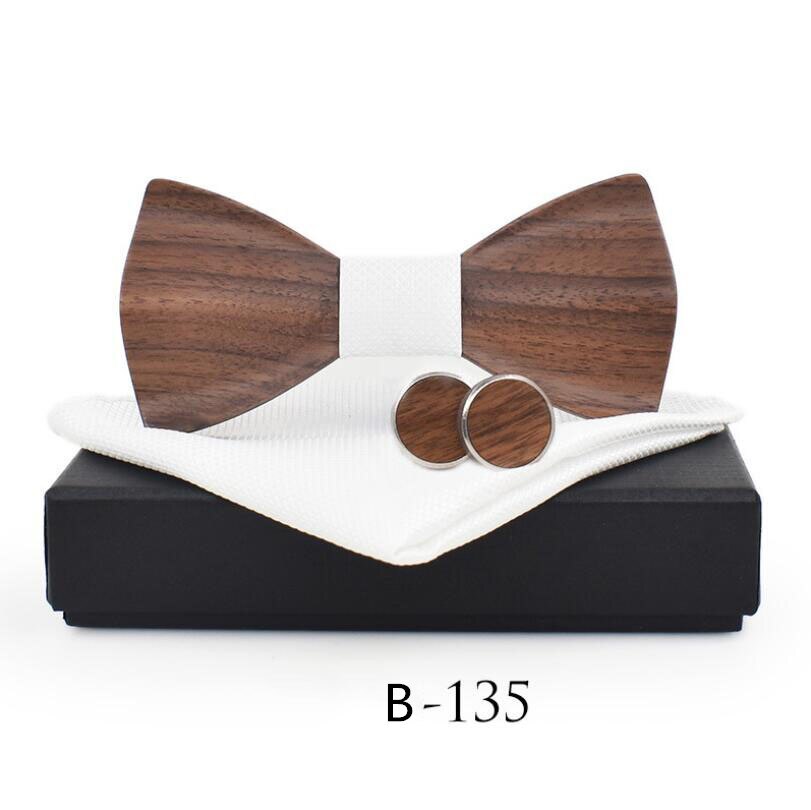 RBOCOTT pajarita de madera hecha a mano juego de gemelos y pañuelo pajarita 3D para hombres bolsillo de madera cuadrado con caja de para la boda de los hombres: B135
