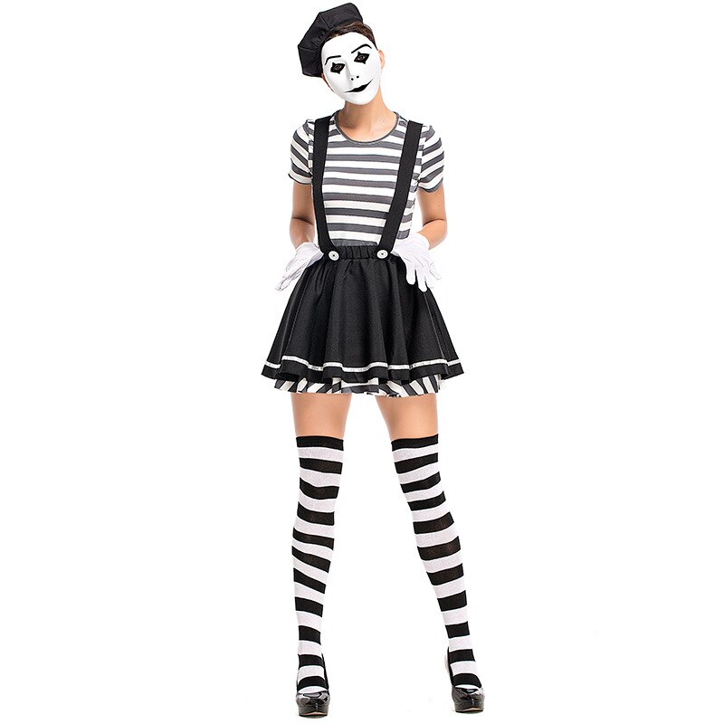 Umorden Volwassen Vrouwen Mime Kunstenaar Kostuum Stille Acteur Outfit Fancy Dress Halloween Carnaval Purim Party Cosplay Kostuums
