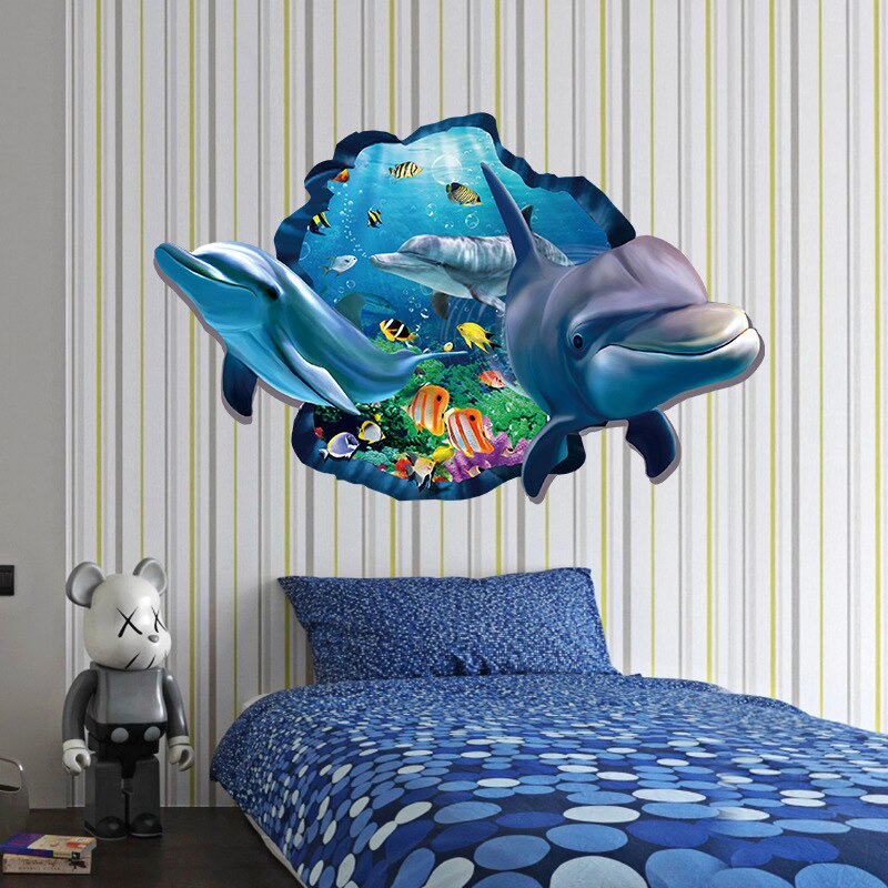 3d Effect Wall Stickers Underwater World Dolphin Fish Background for Kids Room Wall Decals Home Decoration On the Wall