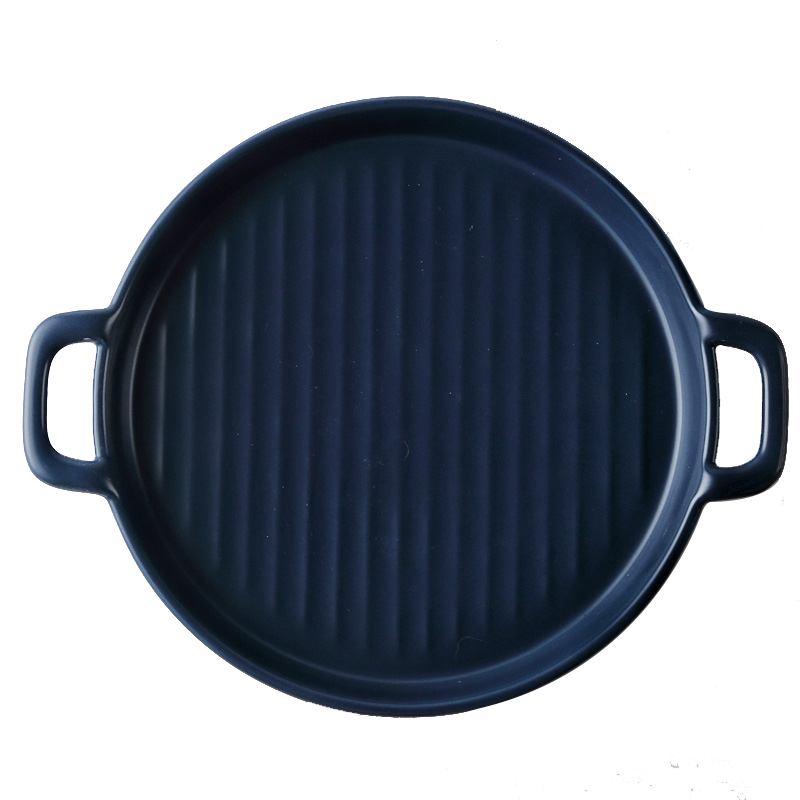 MUZITY Ceramic Baking Plate Round Porcelain Dinner Dish Special Snack or Bread Plate with Handle Bakeware: Round-Blue Plate