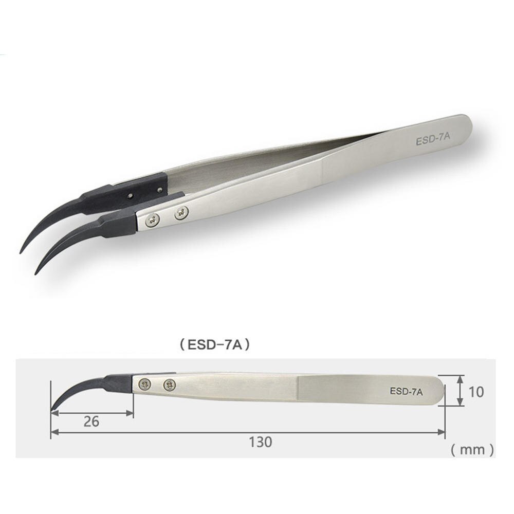 1pcs ESD Anti-Static Tweezers With Replaceable Tips Full Stainless Steel Body Carbon Fiber Conductive Plastic: ESD-7A