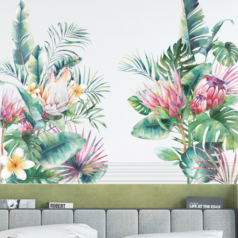 Green Plant Wall Sticker DIY Pink Peony Flowers Tropical Beach Palm Leaves Wall Stickers Modern Art Vinyl Decal Mural Wall: No.14