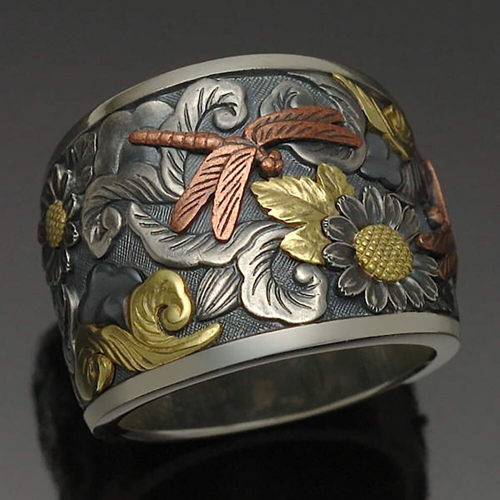 Handmade Vintage Geschnitzt Zwei Ton Blume Libelle Tier Ring Für Frauen Hochzeit Bnad Schmuck Größe 6-12: 12 / B