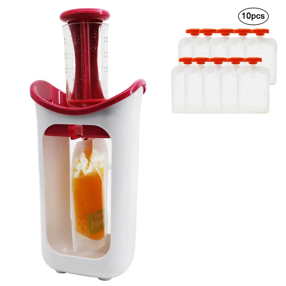 Fruit Food Squeeze Station Baby Fresh Fruit Juice Food Maker Pouch Puree Squeezer Juice Dispenser Baby Food Squeezer: Hot Pink