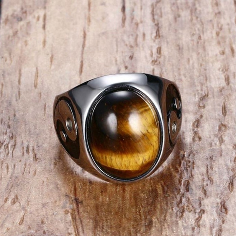 Retro Oval Cat&#39;s Eye Stone Inlaid Ring Men&#39;s Ring Bohemian Crystal Inlaid Yin and Yang Figure Ring Accessories Party Jewelry: 10 / Auburn