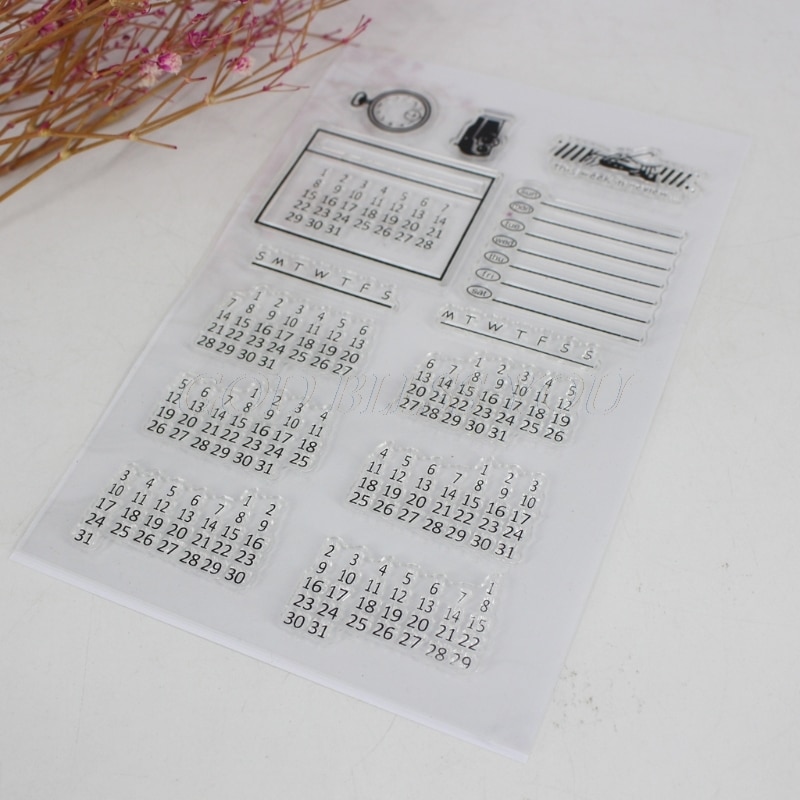 Calendario DIY hoja de sello de caucho transparente de silicona artesanía de álbum de colección de recortes decoración