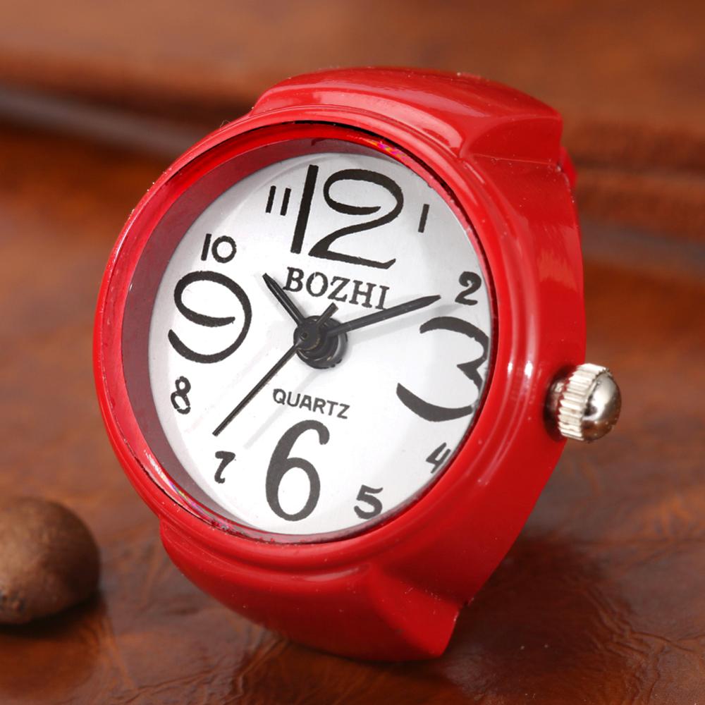 Levendige Snoep Kleur Grote Cijfers Mini Vinger Ring Horloge Elastische Band Quartz Horloge Vinger Ring Horloges Staal Ronde Elastische Horloge: red