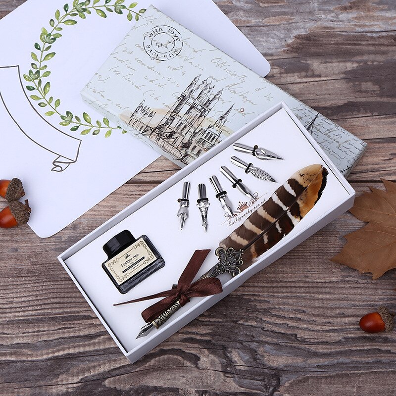 Retro veer dip pen schrijfinktset schrijfwarendoos met 5 pennenpunten bruiloft veer vulpen moederdag: Vulpen -m