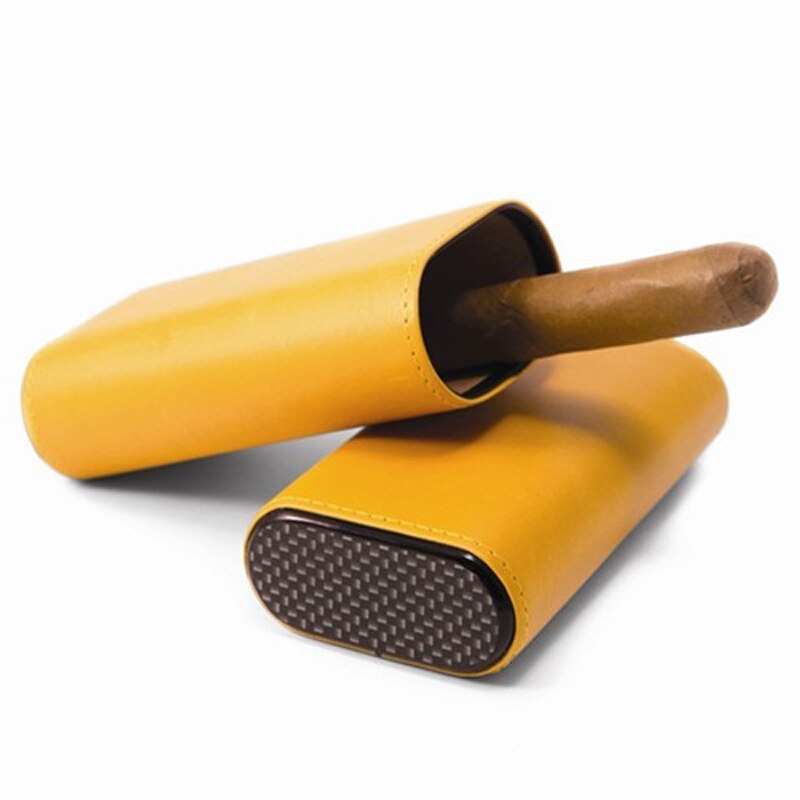 Boîte à cigares en cuir jaune 3ct | Étui à cigares avec fond en Fiber de carbone, mallette de rangement de couleur unie, poche adaptée à Mini boîte à cigares de voyage