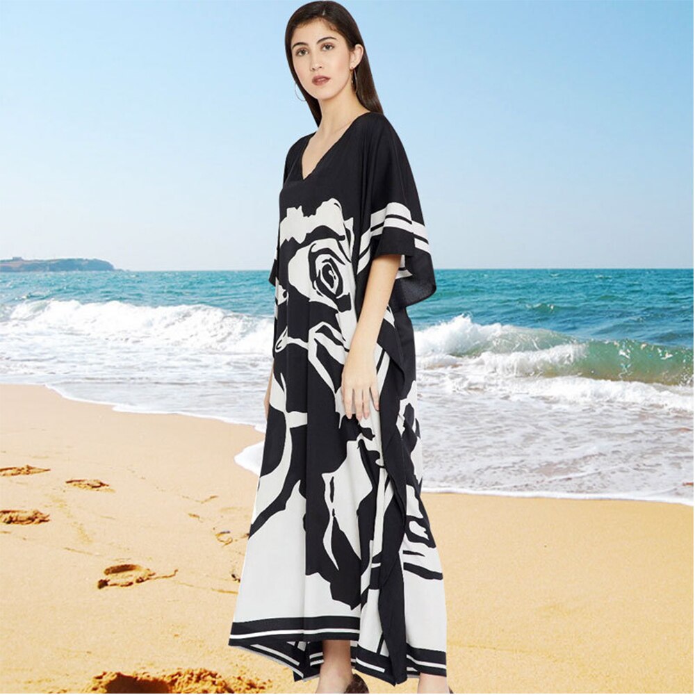 Zwarte Bloemen Print Beach Cover Up Sneldrogende Bohemian Print V-hals Zomer Jurk Strand Tuniek Vrouwen Beachwear Kaftan
