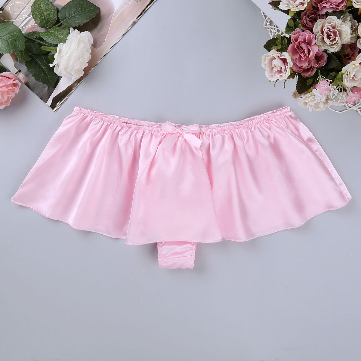 String en Satin de soie pour hommes, jupe-culotte à volants: Pink / L