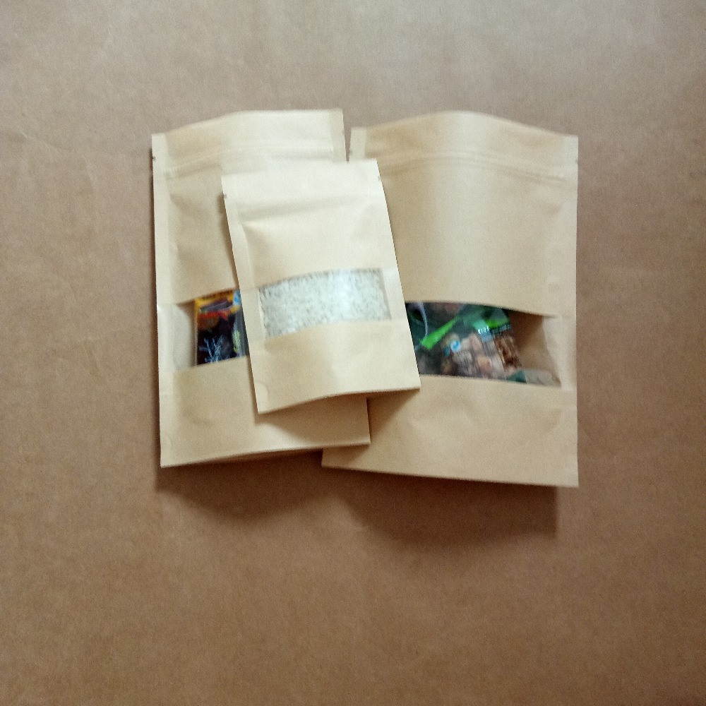 100pcs Zipper Kraft Bag Kraft Paper Bag For /Food/Candy/Party/Wedding Ziplock Bag With Window Stand Up Packing Bags