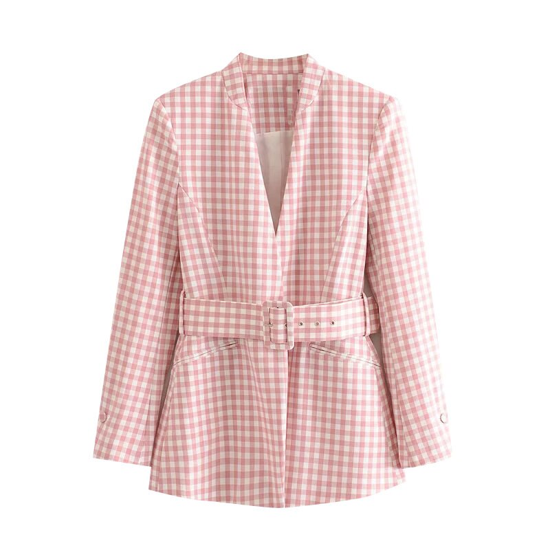 Traf kvinder kontortøj med bælte plaid blazer frakke vintage langærmede lommer kvindeligt overtøj smarte toppe: S