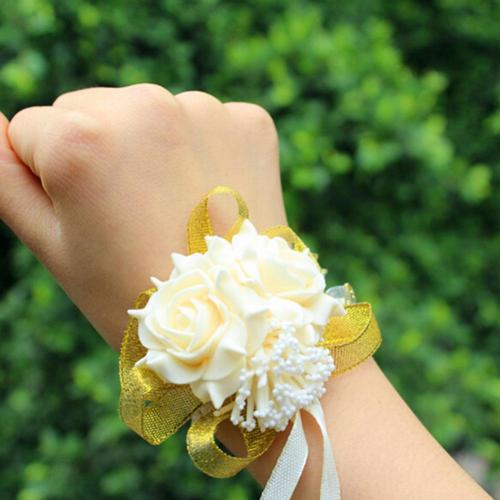 Mousse Rose fleurs mariée demoiselle d'honneur poignet Corsage mariage ruban Bracelet: Champagne