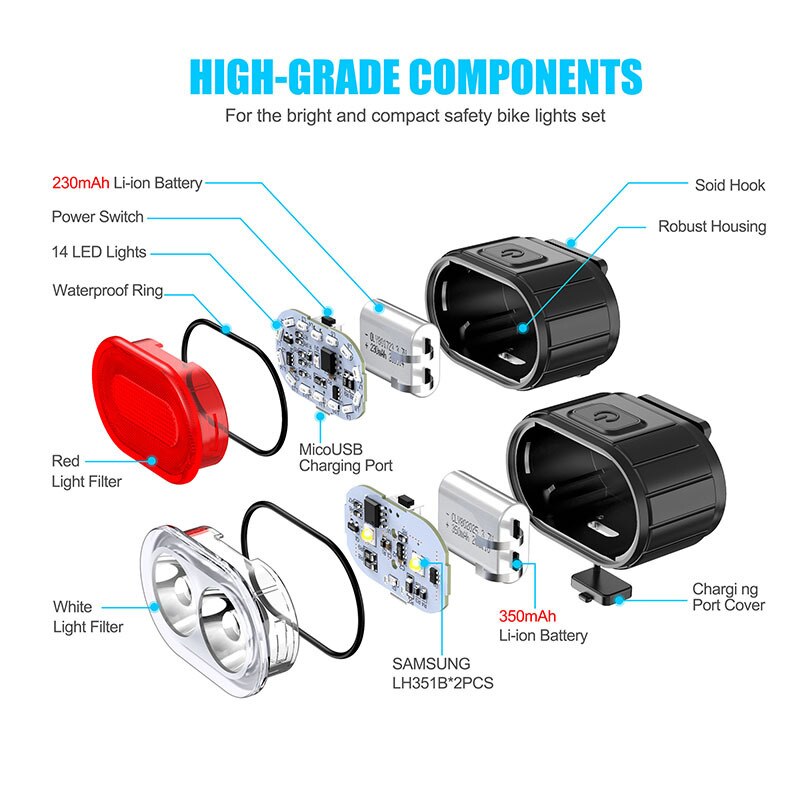 Led cykellygter sæt usb genopladelig cykel for baglygte mtb 4 tilstande forlygte  + 6 tilstande baglygte cykellys